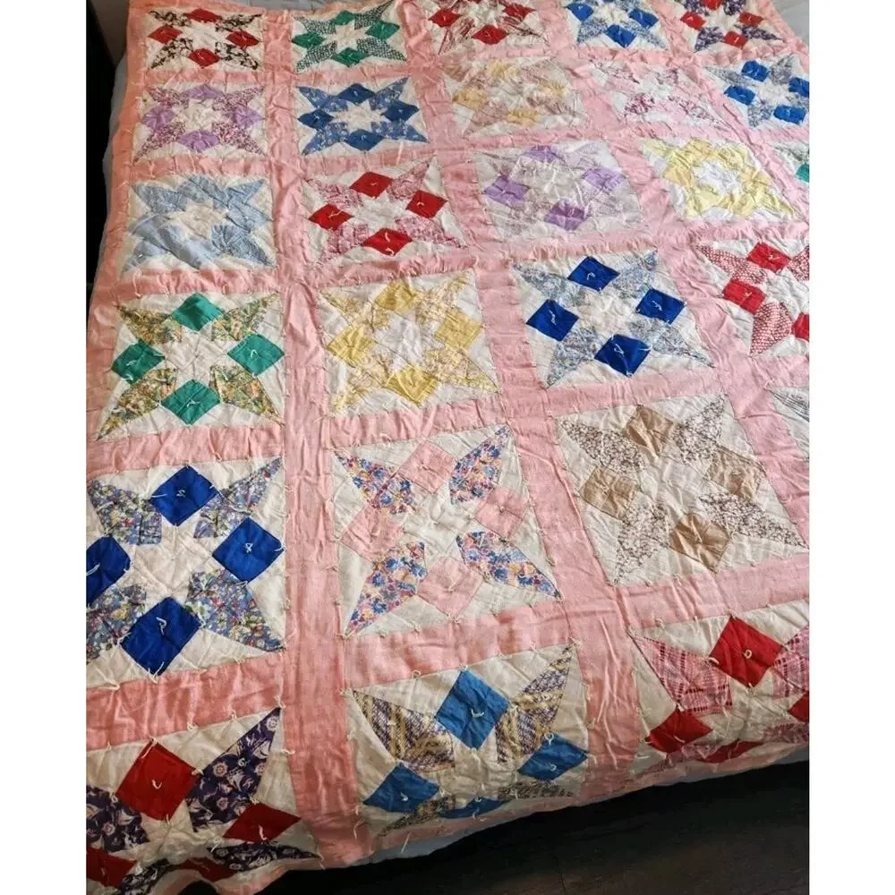 Ohio Star 1940s Feedsack Scrappy Quilt Hand Tied Vintage Folk Art Depression Era